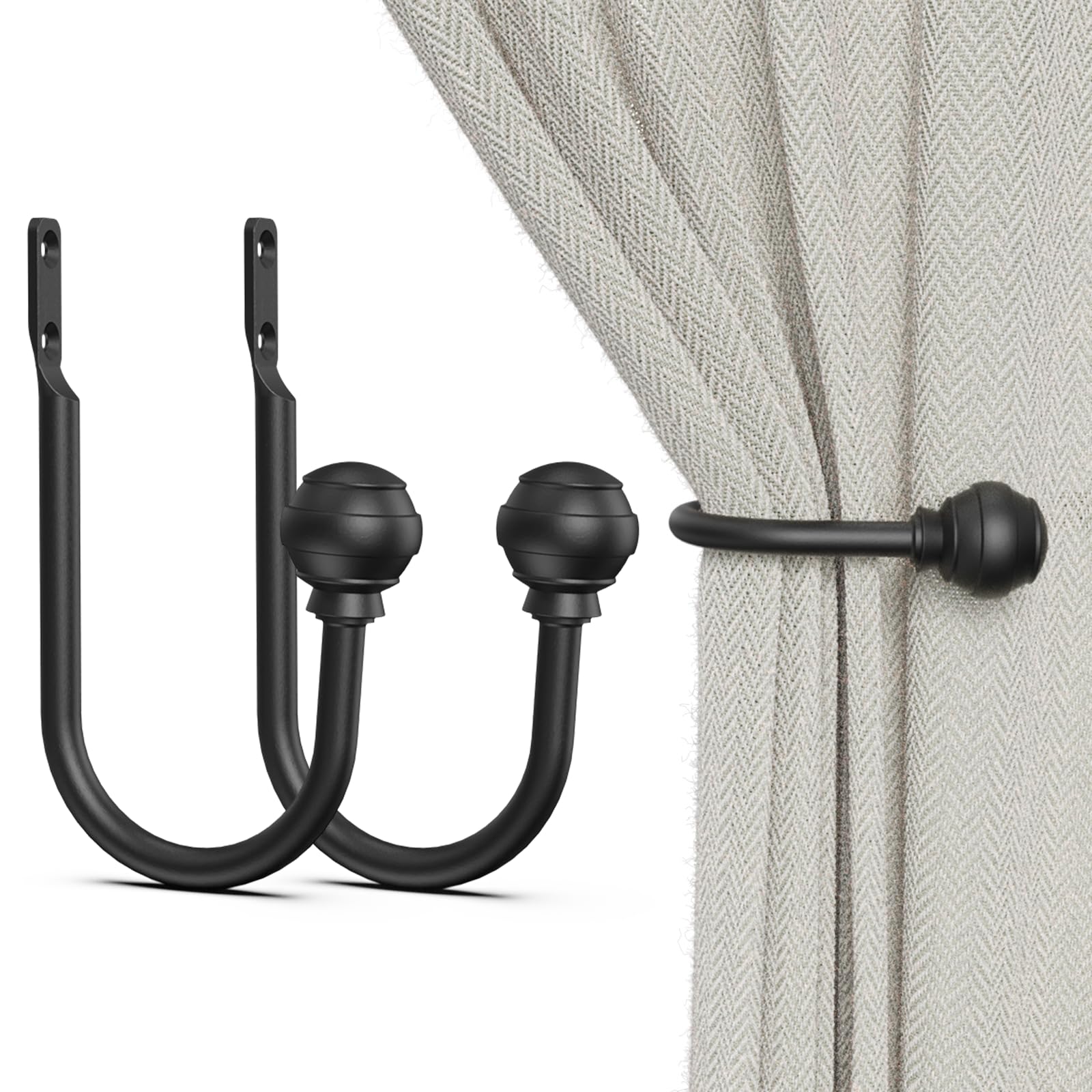 Hion Curtain Holdbacks Black, 2pcs Wall-Mounted Metal Curtain Tie